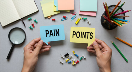 Hands holding 'PAIN' and 'POINTS,Business pain point and marketing concepts.