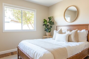 Bright bedroom with wooden bed, white bedding, and fiddle leaf fig.