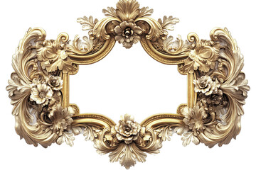Ornate Gold Frame Floral Design Baroque Style Elegant Decor isolated on transparent background