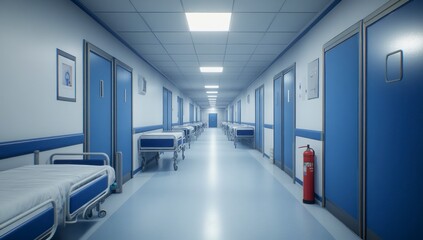 Hospital Hallway with Empty Beds and a Fire Extinguisher Indoor Setting