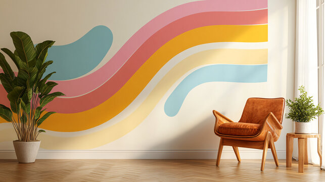 Stylish chair accompanied by a plant in a room with vivid wall decals and sunlight creating a natural and inviting interior space.