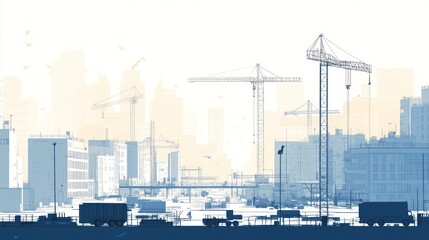 City Under Construction. Silhouettes of cranes and trucks, urban background. Potential for use in architecture, engineering, or city planning