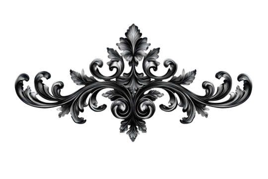 Elegant Silver Filigree Design Ornate Floral Pattern Black Background, isolated on transparent background