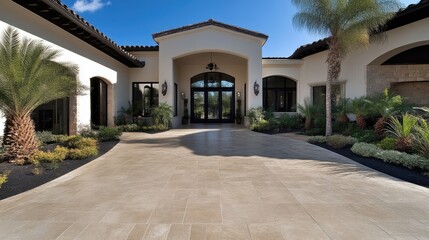 Fototapeta premium Luxury mansion entrance with a paved driveway and palm trees under a blue sky.