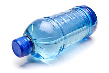 Transparent Blue Plastic Water Bottle with a Closed Cap on a White Background