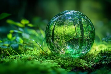Crystal ball reflecting lush forest scene on mossy ground.