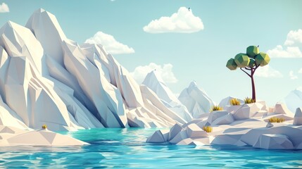 Low-poly mountain landscape, tranquil scene, water. Possible use background, nature, digital art