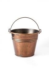 A bucket on a white background depicted in a cast bronze finish. Iridescent reflections play across the antique patina surface