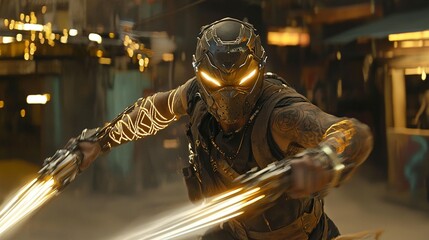 Futuristic warrior in action, wielding glowing weapons in a cyberpunk city.