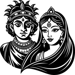 Radha and Krishna portrait illustration for dol jatra black and white silhouette