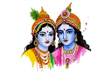 Watercolor illustration of Radha and Krishna's portrait for dol jatra beground
