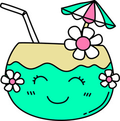 Hand drawn retro  summer coconut cartoon groovy doodle 