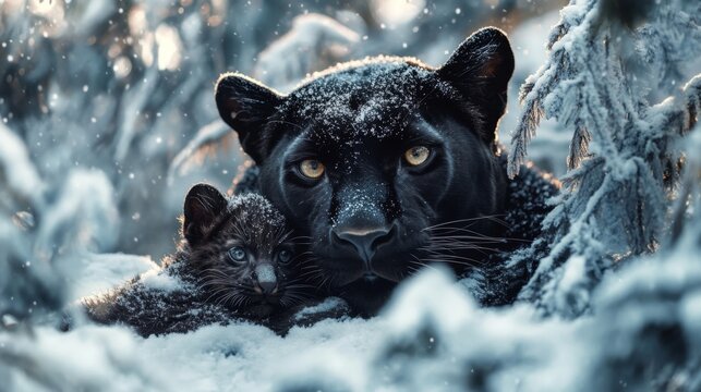 A powerful black panther with piercing golden eyes, partially covered in snow, sheltering its tiny cub in a frost-covered forest. A realistic and natural depiction of wildlife in winter.