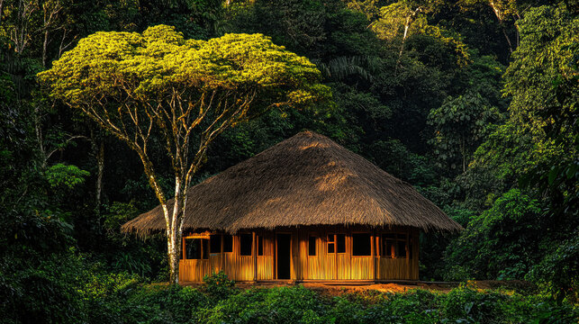 traditional Amazonian Maloca, large communal wooden house with a thatched roof