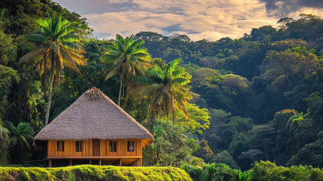 traditional Amazonian Maloca, large communal wooden house with a thatched roof