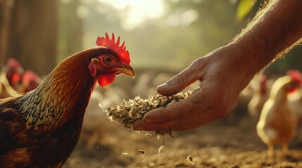 Farmer feeding chickens in rural farm