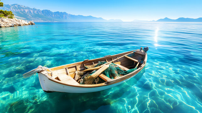 Wooden Boat in Crystal Clear Water - Coastal Scene