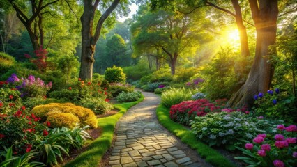 Fototapeta premium Winding stone path meandering through lush green garden with vibrant flowers and towering trees, sunlight filtering through foliage , garden path, nature trail