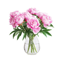 Lush Pink Peonies in a Glass Vase Elegant Floral Arrangement on a transparent Background