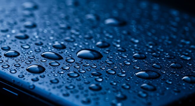 A close-up of a smartphone with water droplets on its waterproof body.
