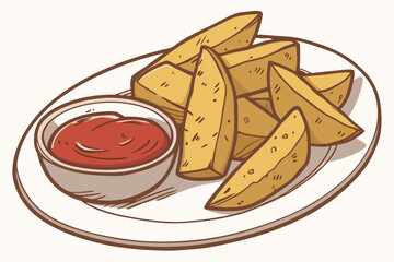 82 Potato wedges, crispy golden fries, seasoned potatoes, white plate, red ketchup dipping sauce, small bowl, appetizer platter, restaurant presentation, close-up food photography, warm tones, comfort