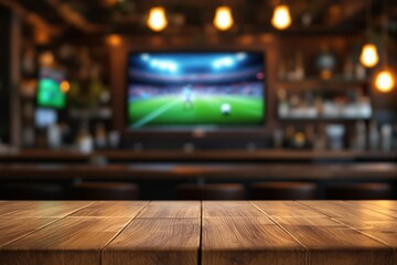 Wooden table top in a sports bar with a blurred background featuring a TV screen displaying a soccer match and warm ambient lighting. Ai generative