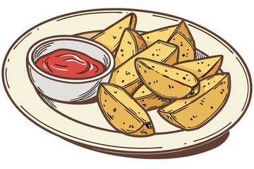 82 Potato wedges, crispy golden fries, seasoned potatoes, white plate, red ketchup dipping sauce, small bowl, appetizer platter, restaurant presentation, close-up food photography, warm tones, comfort