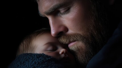 Obraz premium Close-up of father and sleeping baby, tender moment