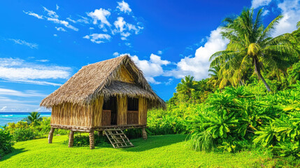 traditional Samoan Fale, open-sided wooden structure with a thatched roof, surrounded by lush tropical greenery