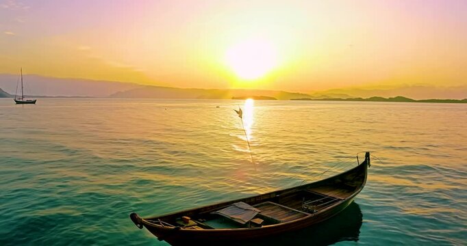 Golden Hour Boat Scene: A serene moment captured as a wooden boat floats gently on the water's surface, framed by the brilliant colors of a sunset, a sailboat on the horizon.