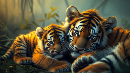 Obraz premium Loving Tiger Family Resting in the Jungle
