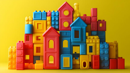 Fototapeta premium A Vibrant Cityscape Of Colorful Toy Blocks Playfully Stacked, Creating A Joyful And Imaginative World Against A Bright Yellow Background