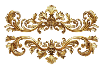 Gold ornate baroque style decorative elements on black background isolated on transparent background