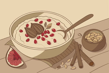 84 Creamy oatmeal bowl, rustic ceramic dish, pomegranate seeds, chopped walnuts, cinnamon sprinkle, fresh figs, wooden table, soft natural lighting, cozy breakfast, macro food photography, high detail