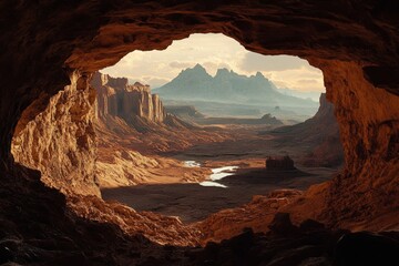 Fototapeta premium Cave opening reveals scenic desert landscape with mountains and a river.