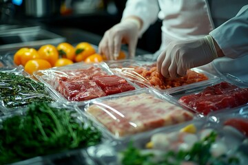 A food handler in a professional kitchen properly sealing and labeling raw ingredients, ensuring food safety, hygiene, and prevention of cross-contamination.