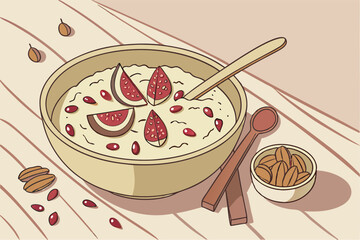 84 Creamy oatmeal bowl, rustic ceramic dish, pomegranate seeds, chopped walnuts, cinnamon sprinkle, fresh figs, wooden table, soft natural lighting, cozy breakfast, macro food photography, high detail