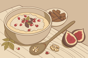 84 Creamy oatmeal bowl, rustic ceramic dish, pomegranate seeds, chopped walnuts, cinnamon sprinkle, fresh figs, wooden table, soft natural lighting, cozy breakfast, macro food photography, high detail