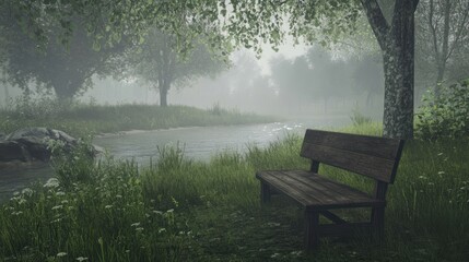 Obraz premium Misty Riverbank Bench; Tranquil scene, peaceful rest