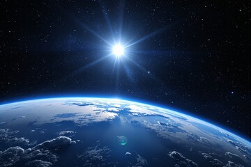 Obraz premium Earth viewed from space with a bright sun and stars in the background. The image captures a creative cosmic atmosphere with glowing light effects. Ai generative