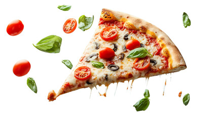 Flying slice of Margherita pizza with tomatoes and basil Isolated on a transparent background