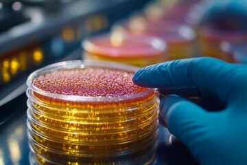 A laboratory technician analyzing bacterial samples under a microscope, ensuring food safety, hygiene monitoring, and compliance with health regulations.