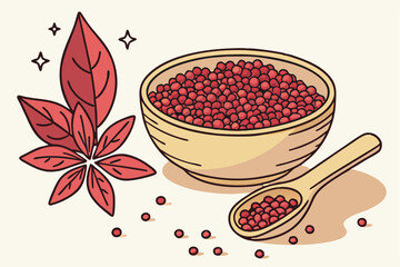 85 Small red seeds, wooden bowl, sumac spice, vibrant burgundy color, organic texture, culinary ingredient, Middle Eastern cuisine, aromatic seasoning, natural food photography, rustic presentation, e
