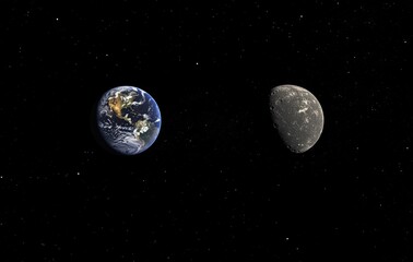Realistic Illustration: Earth, Moon, and Stars in Space, Viewed from Orbit by the Sun, Night Scene, City Lights, Deep Space, Distant Galaxies, Cosmic Setting
