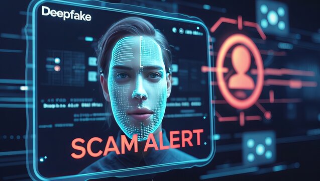 Digital security graphic featuring a female face with facial recognition technology and a prominent scam alert message.