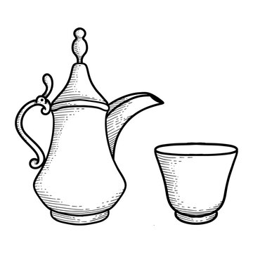 Vintage  Arabian Dallah Coffee Pot and Finjan Cups Stack Vector Illustration