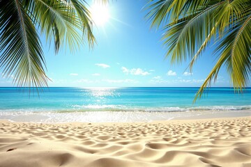 Obraz premium Scenic tropical beach with golden sand, turquoise ocean, and palm leaves on a bright sunny day. The sparkling water and clear sky create a relaxing background. Ai generative