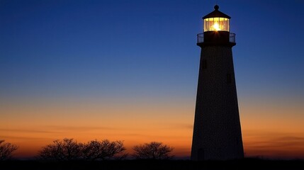 Illuminated Lighthouse Silhouette at Sunset Coastal Scene
