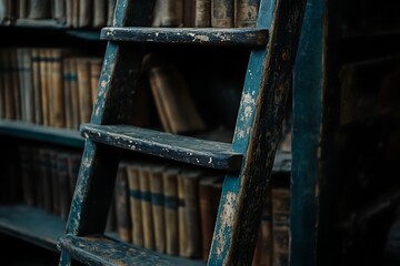Weathered Wooden Ladder Against Antique Bookshelf