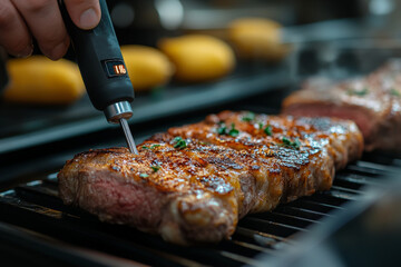A food handler measuring the internal temperature of cooked meat with a digital thermometer, ensuring hygiene, health safety, and prevention.